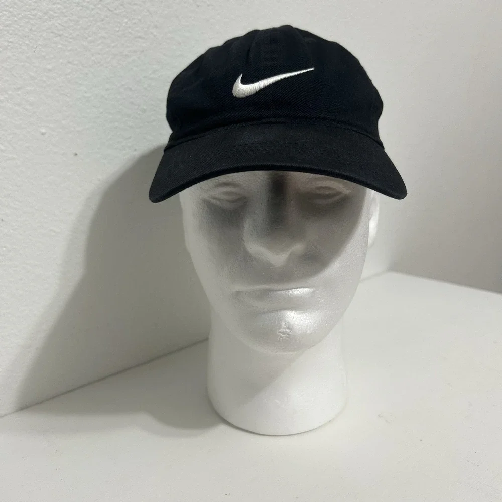 Nike Swoosh Black w/ White Logo Childs Hook and Loop Adjustable Baseball Hat Cap